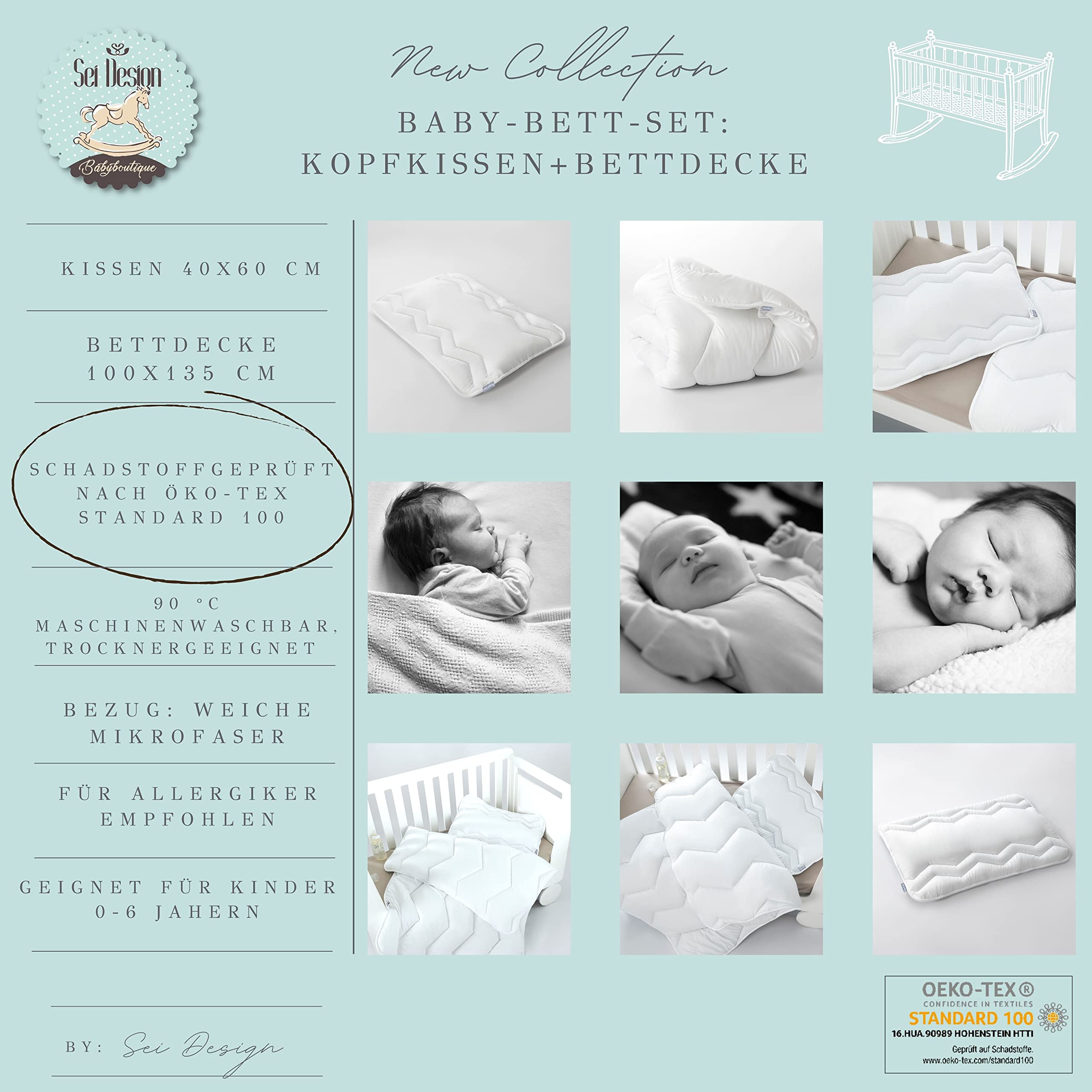 Sei Design Set Letto per bambini (cuscino bambino 40 X 60 + coperta bambino100 X 135). Privo di sostanze nocive secondo OEKO-TEX Standard 100 e per chi soffre di allergie