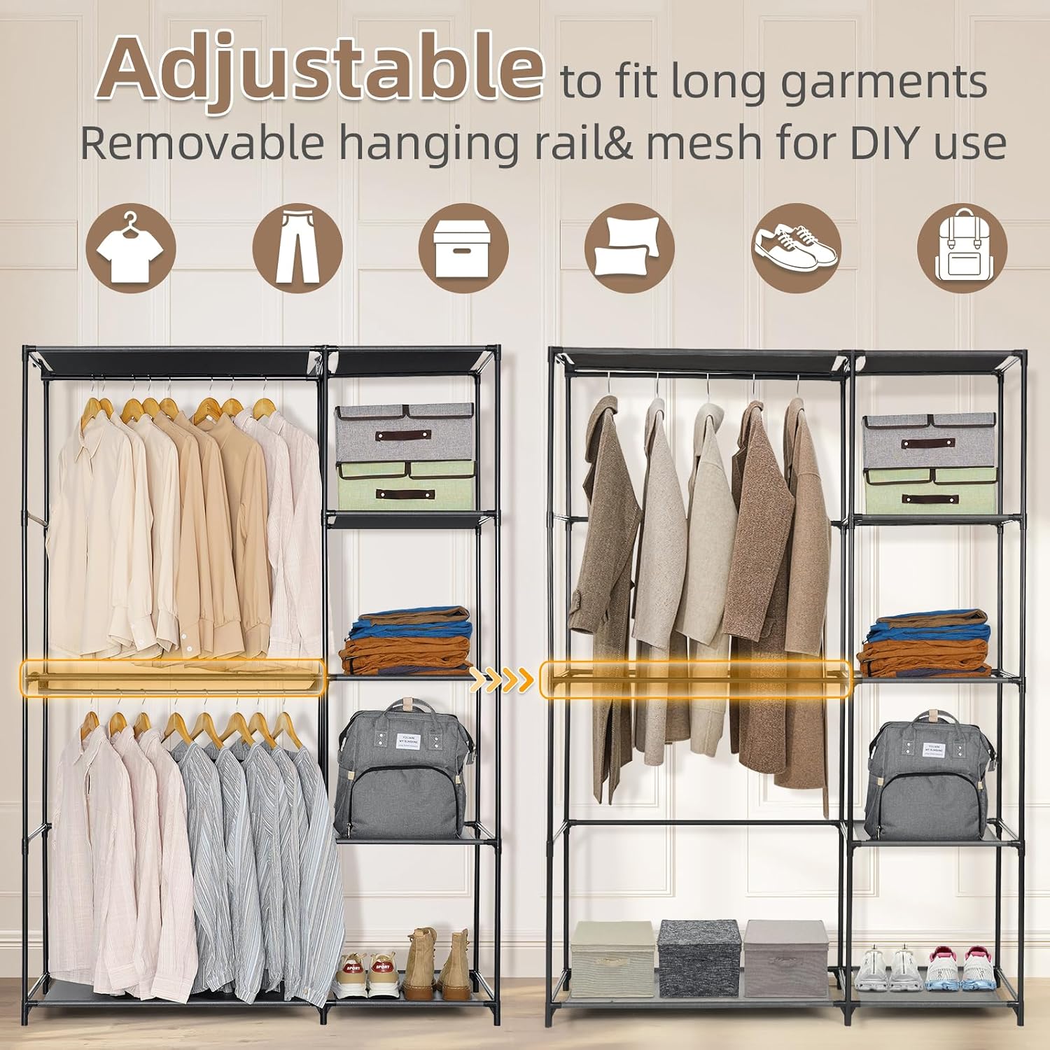 GARPROVM Portable Closet, Freestanding Closet Organizer, Clothes Rack with Shelves, Hanging Rods, Wardrobe Closet, Storage Organizer for Cloakroom, Bedroom
