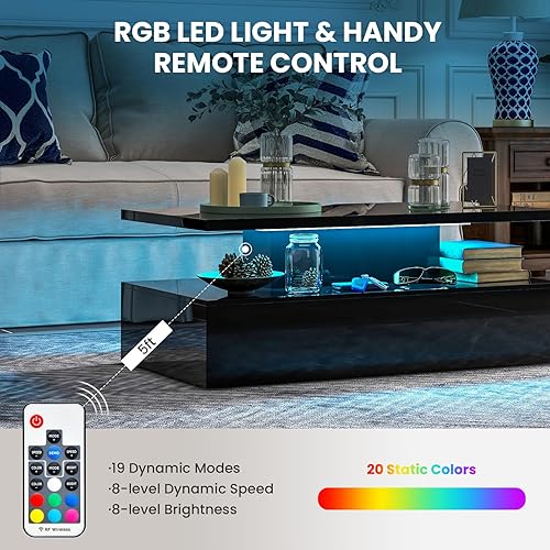 Miniatura 5 de Tangkula Mesa de centro LED, moderna mesa de centro de alto brillo con luces LED de 20 colores, velocidad y brillo ajustables, control remoto,