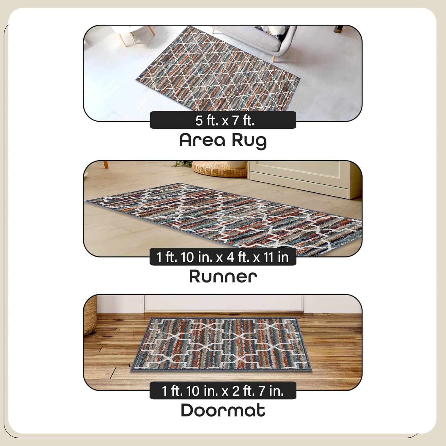 3-Piece Indoor Area Rug Set - Non-Slip Rug Set Includes Large Area Rug with Hallway Runner & Door Mat - Living Room, Bedroom, Kitchen & Entryway Rugs - Crosshatch Spice/Grey - Achim Home Decor