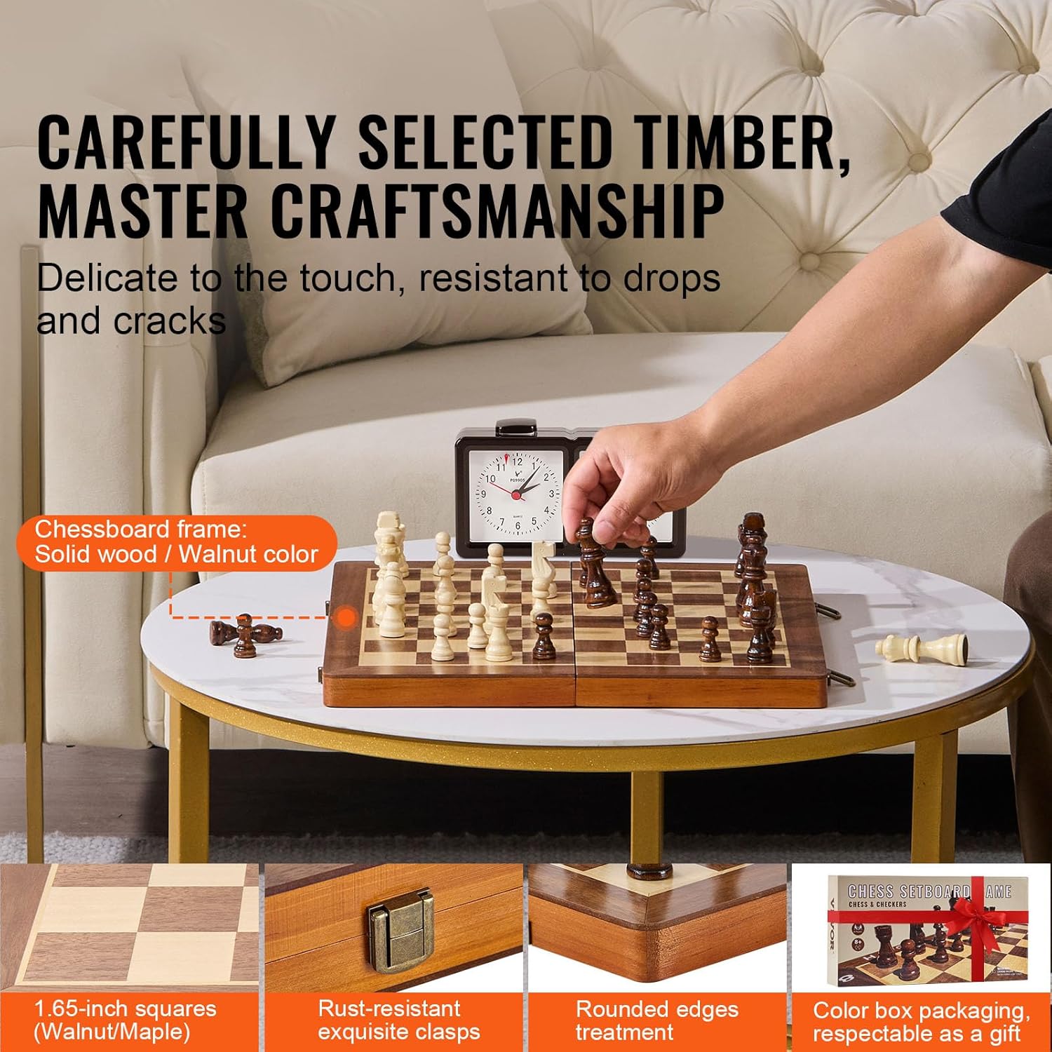 Happybuy 15-Inch Magnetic Wooden Chess Set, 2-in-1 Checkers & Chess Game for Adults & Kids, Folding Travel Chess Board with 2 Queens, Portable Tournament Set for Beginners and Professionals