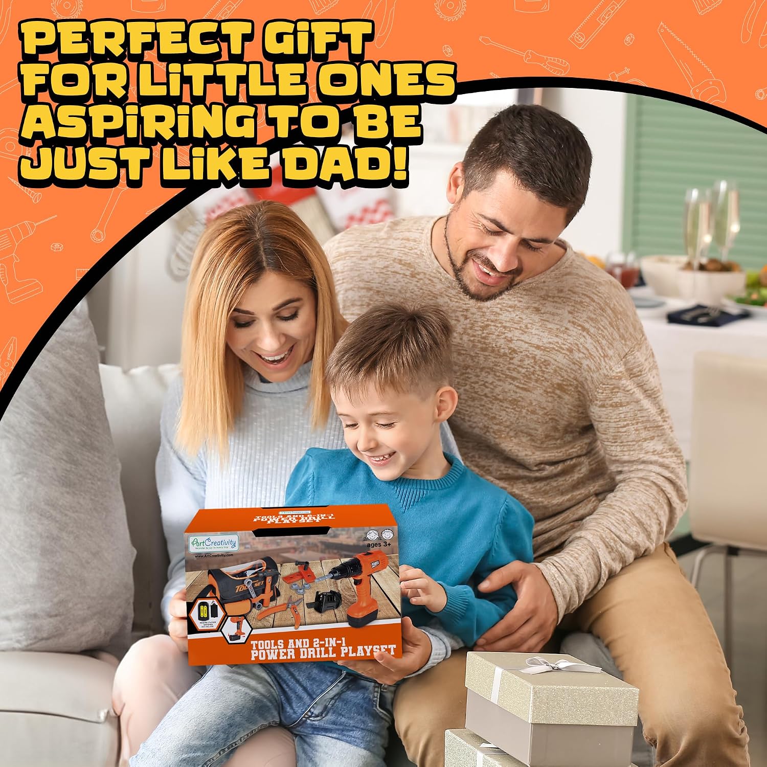 ArtCreativity Power Drill Tool Set for Kids - Pretend Playset with 2-in-1 Toy Drill with Lights, Sounds, Motion - Includes Toy Hammer, Pliers, Bolts, Screwdriver and More - Sturdy Bag for Storage