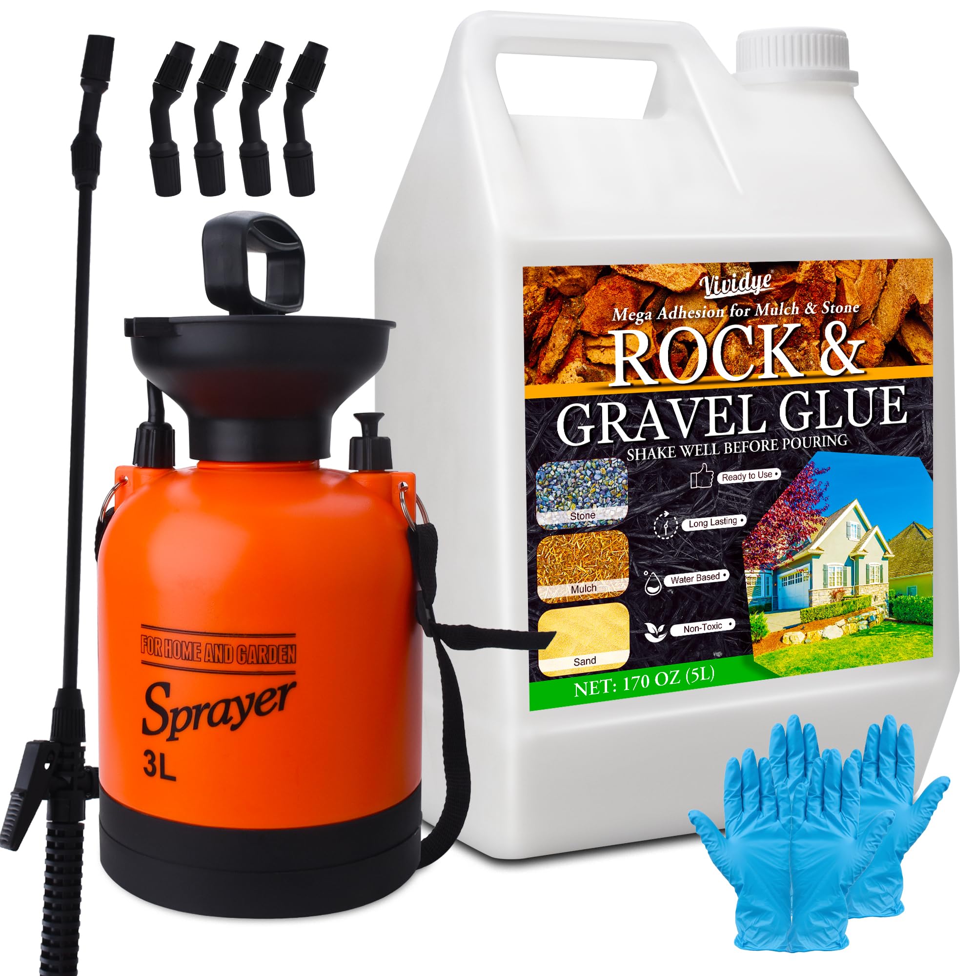 Liant pour Gravier - 5L Colle Cailloux Extérieur avec pulvérisateur à pompe, Stabilisateur de Gravier Puissant pour Pierre, Pailli, Copeaux de Bois, écorces | Résistante aux Intempéries, Longue Durée