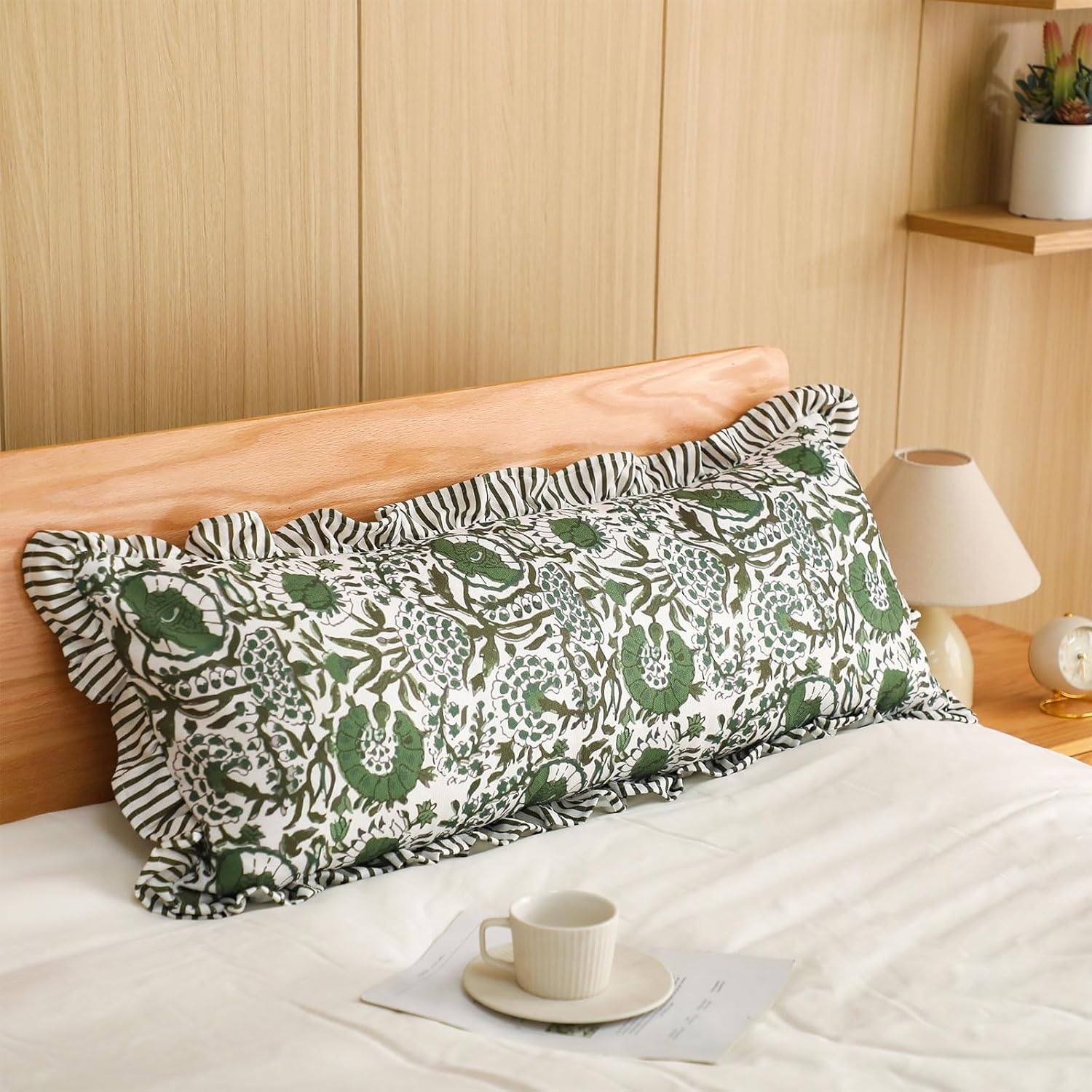 Green Cotton Print Ruffle Pillow Case 14 x 36 Inches Floral Pillow Cover for Bedroom Decoration Couch Sofa - Image 6