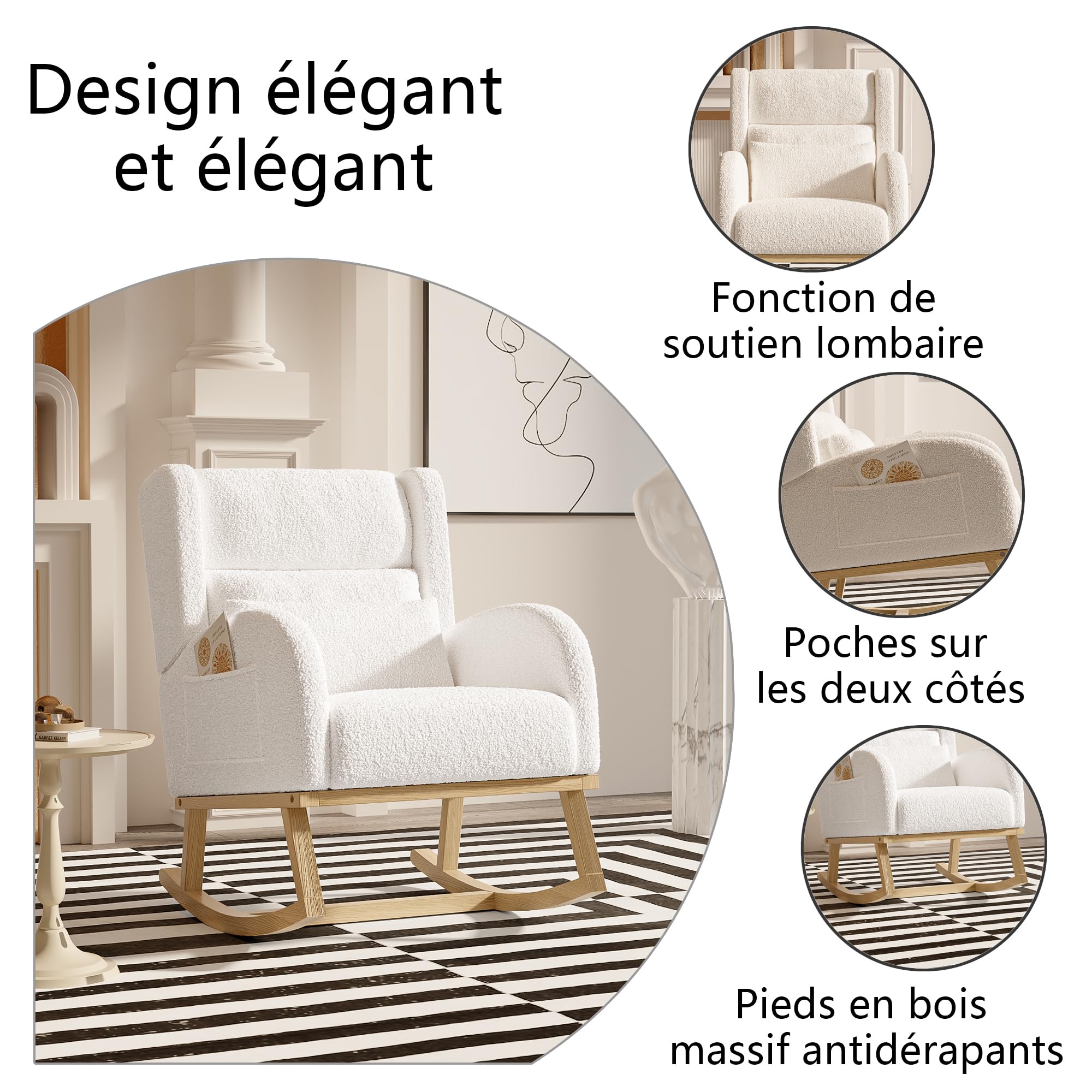 Rocking Chair,Living Room Rocking Chair Interieur,Chaise à Bascule avec Coussin Lombaire, Fauteuil a Bascule Allaitement en Velours Teddy avec Pieds en Bois Massif, Blanc