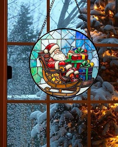 Miniatura 5 de Colgante de vidrieras para colgar en la ventana, caja de regalo de Papá Noel, atrapasoles para puertas, decoración de Navidad del hogar, atrapa el