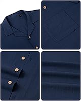 Vista 5 de Alimens & Gentle Camisas de lino para hombre, de manga corta, con botones, de algodón, para verano, playa, cubanas, camisas hawaianas