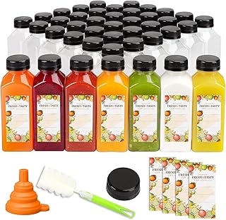 TOMNK 45pcs 12oz Plastic Juice Bottles with Caps Empty Reusable Clear Bottles with Label, Funnel and Brush Beverage Containers Bulk with Lids for Juicing, Smoothies, Drinking, Beverages, Fridge