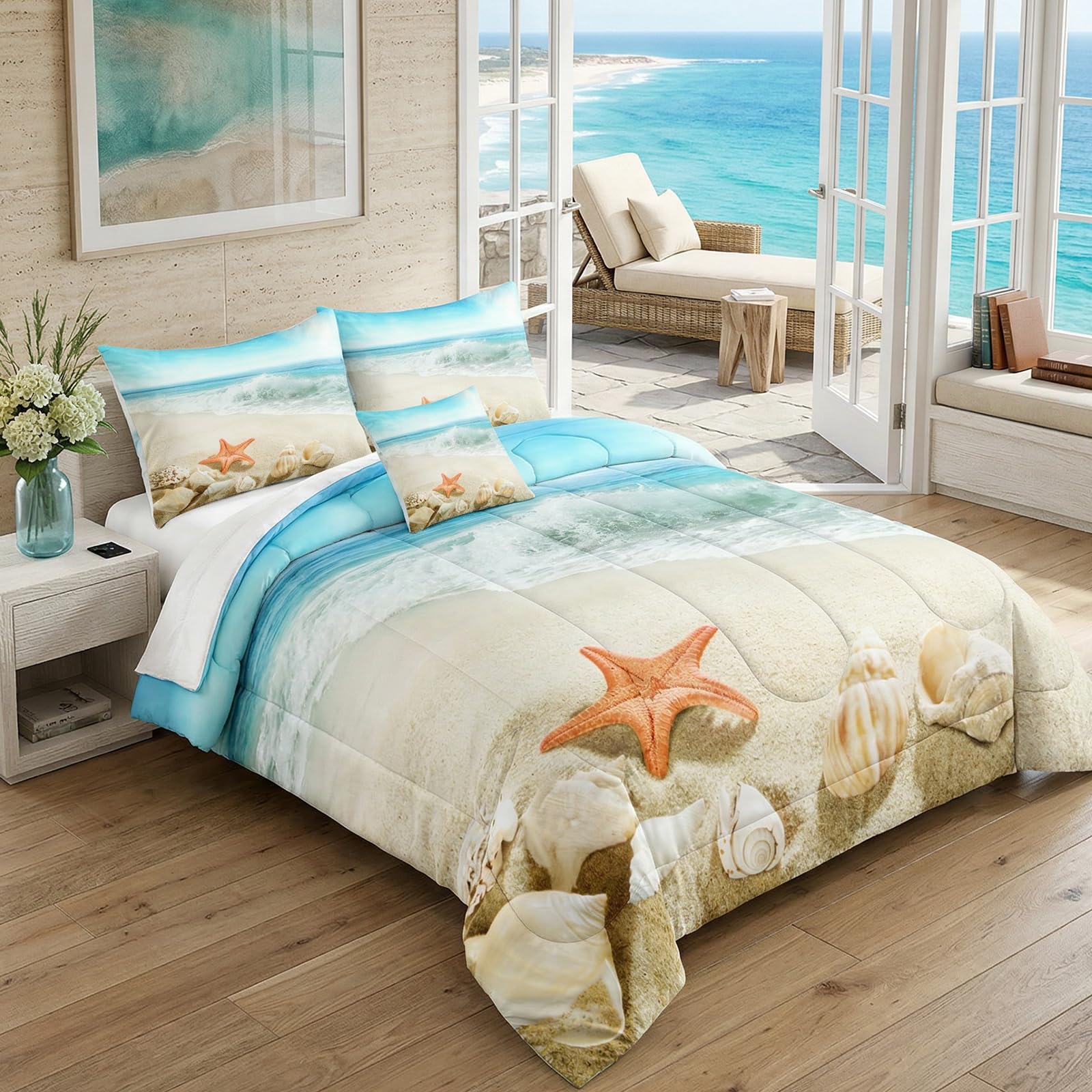Bedbay Ocean Beach Comforter Set Starfish Bedding Set Blue Ocean Coastal Starfish Conch Natural Themed Tropical Comforter Twin Size 1 Comforter 1 Pillowcase(Conch,Twin)-picture-32