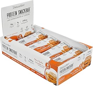 NaturalSlim Protein bars with Ashwagandha & Turmeric - High Protein Snacks Sweetened with Monkfruit & Stevia - Low in Carbohydrates & Low Calorie Snacks, 8 bars per box (8 bars, one box, Peanut Butter Chocolate Chip)