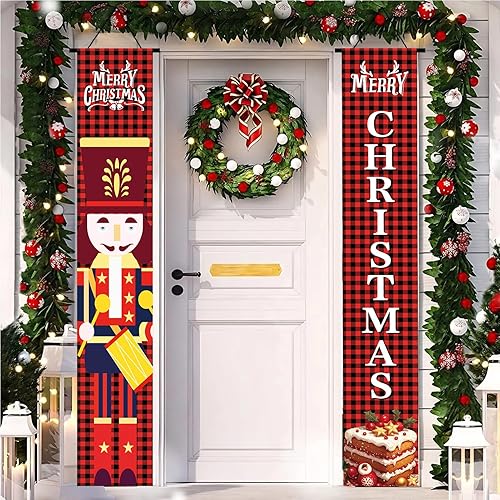 Miniatura 7 de Decoraciones de Navidad Pancarta para Porche Exterior, Decoración de Puerta Delantera de Patio Navideño de Cascanueces, Juego de Letreros de Porche