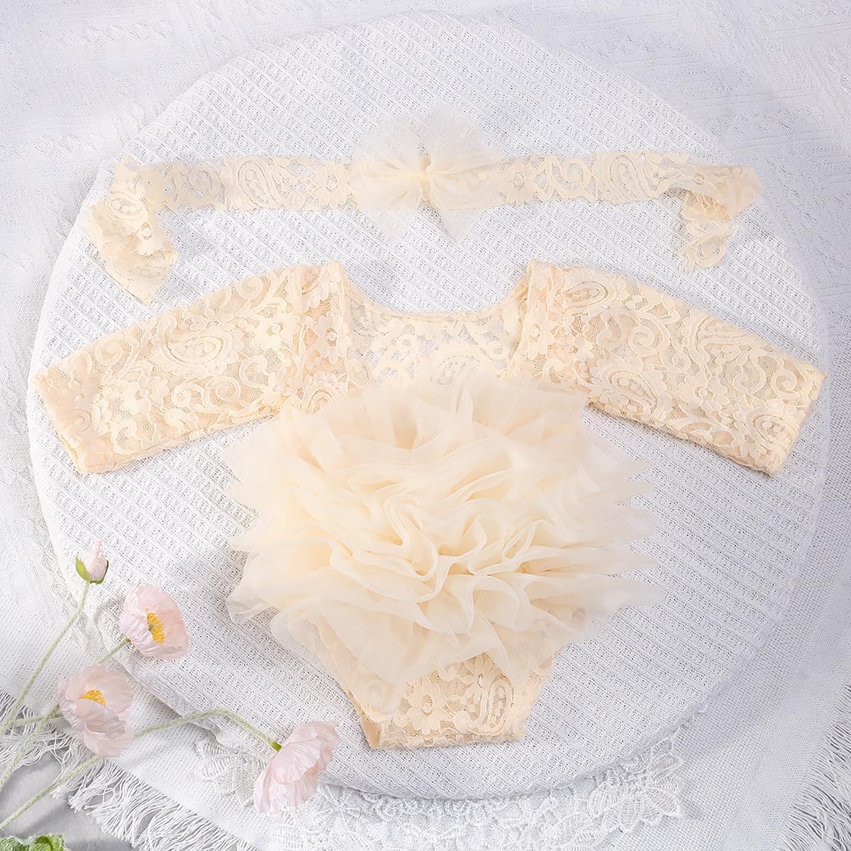 Newborn Photography Outfits Girl, Baby Girl Photoshoot Props, Lace Romper with Headband for 0-3 Months Newborn - Image 5
