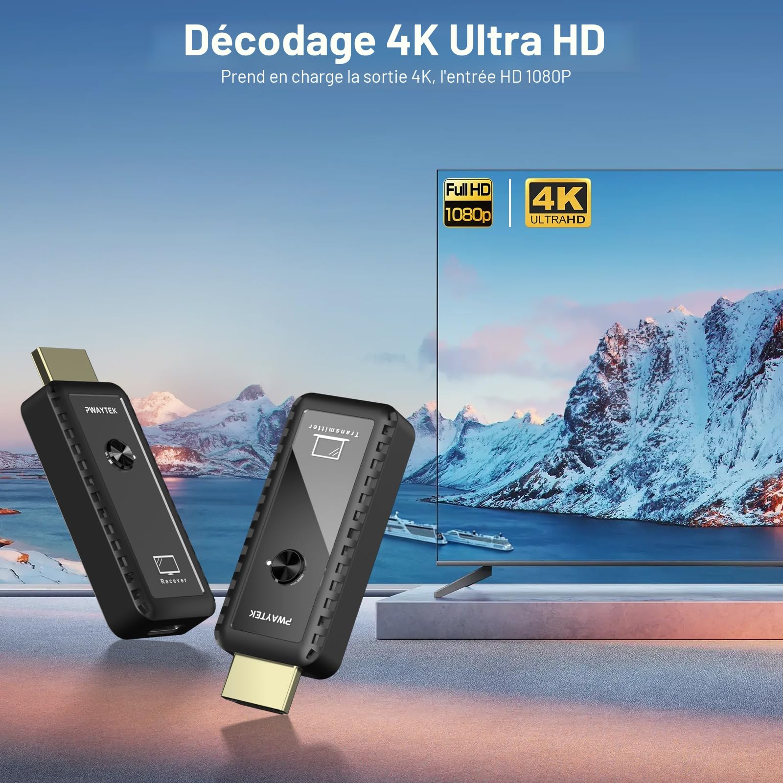 PWAYTEK Émetteur et Récepteur HDMI sans Fil décodeur 4K, Sortie 1080p, Double Bande 2,4G/5G, portée 50m, Compatible PC Portable TV projecteur, Plug & Play sans Application (Noir)