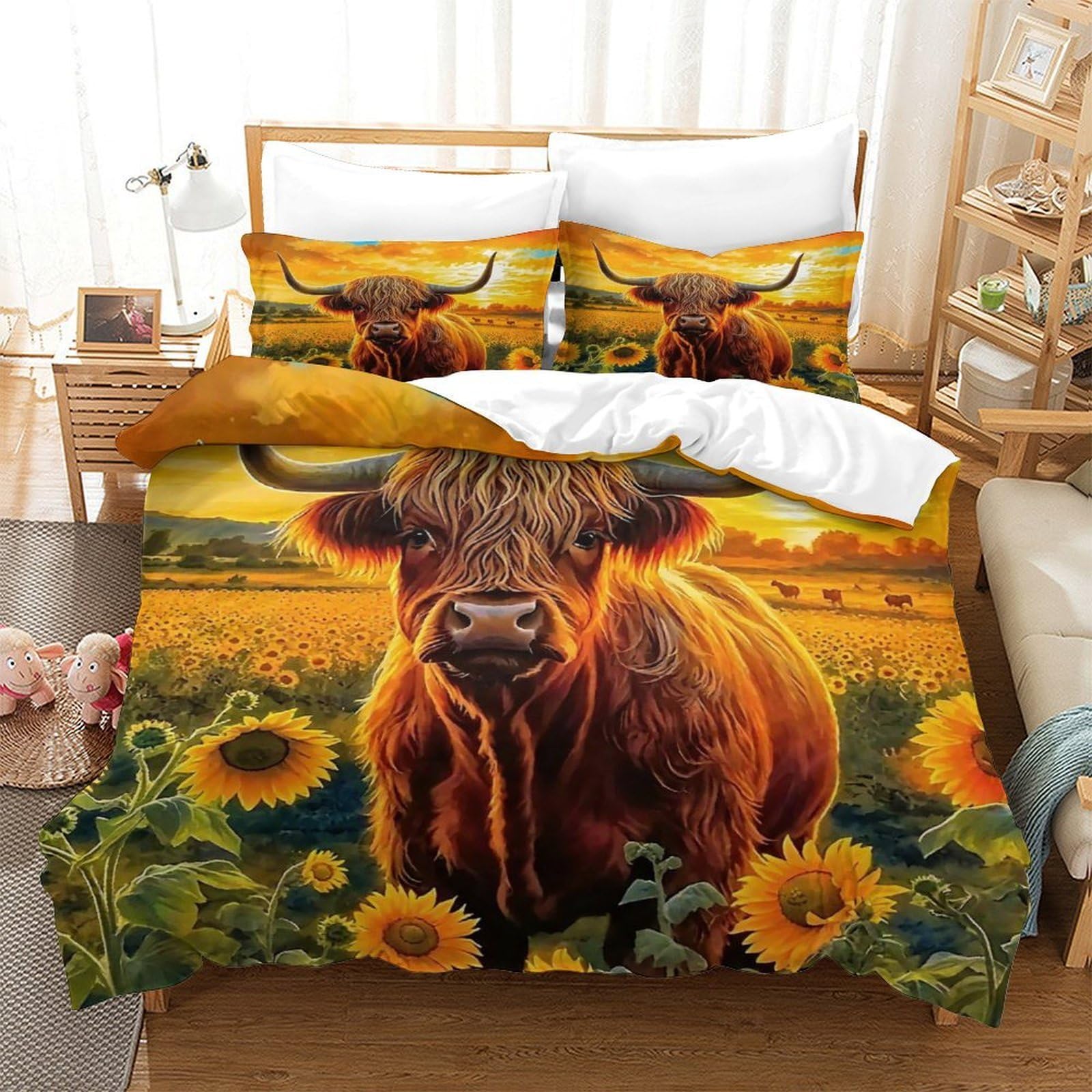 Linge de lit tournesol 3D 200x200 anti-plis en microfibre douce pour lit double
