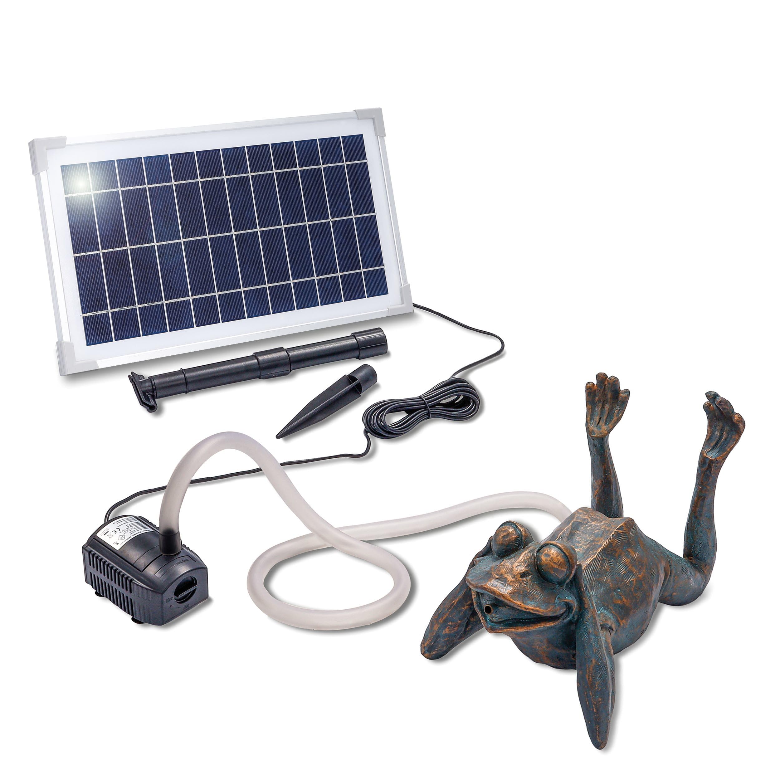 Esotec Solar Wasserspeier Frosch Komplettset, Solar Springbrunnen für Außen, Solarbrunnen mit Solarpumpe 380l/h, Solarmodul 8Wp, Teichfigur Polyresin 34x21x23,5cm 101650