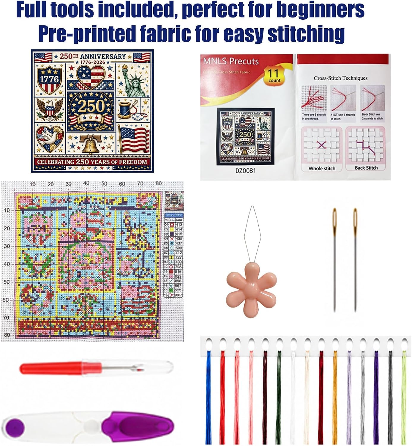 Vintage US Flag Cross Stitch Kit Beginners Embroidery 1776-2026