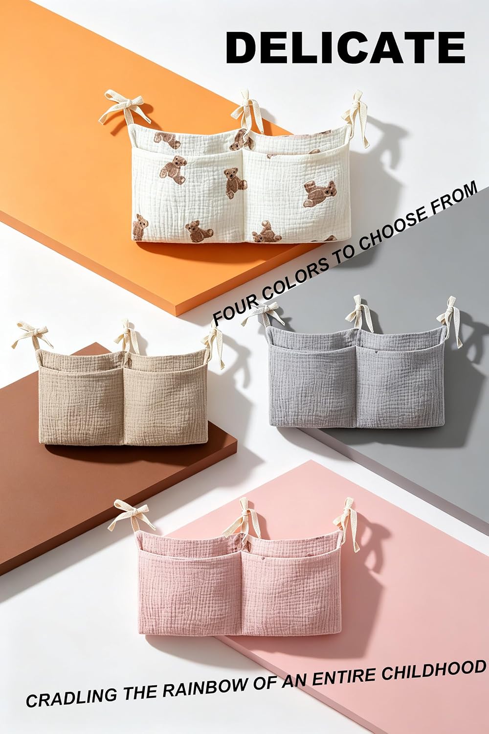 Bedside hanging bag for storing baby milk bottles and blankets - Baby diaper folding bed organizer bag - White teddy bear