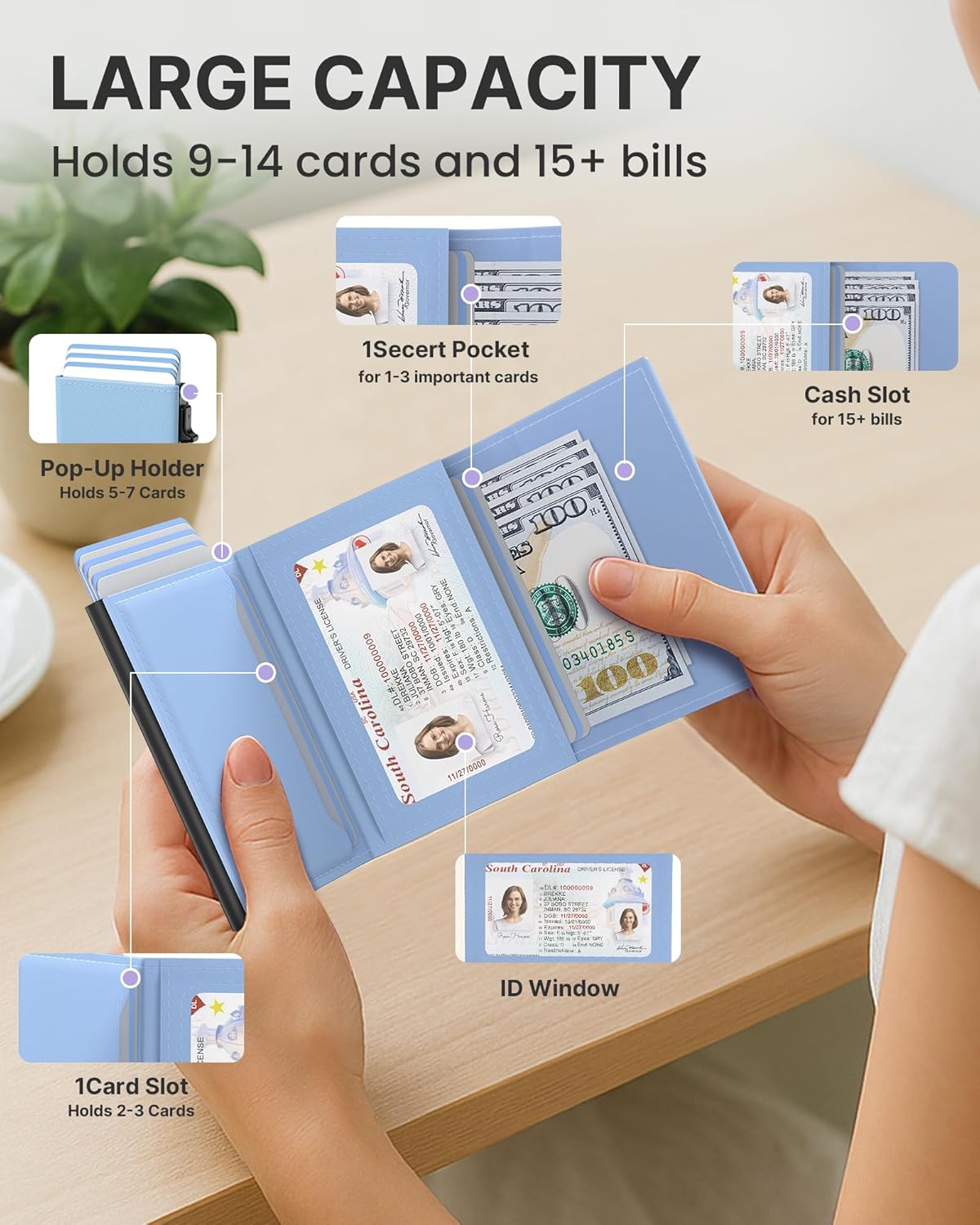 typecase Womens Wallet Card Holder: Pop Up Card Case, Genuine Leather, RFID Blocking, Slim, Minimalist, Thin, Small Size - 9-14 Card Capacitiy, ID Window, Cash Pocket (Blue) - Image 3