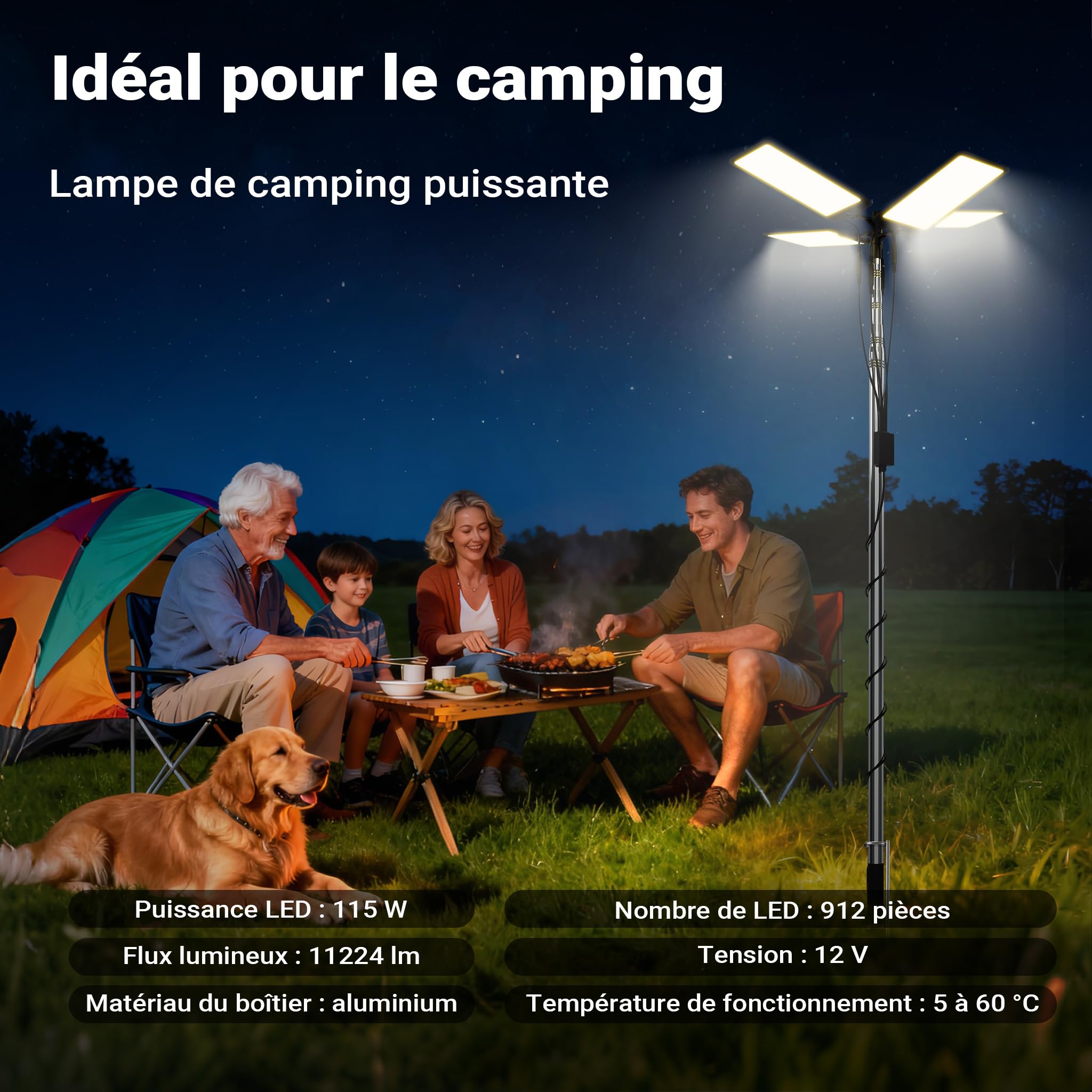 Wiltec Lampe télescopique 12 V LED V2, 560 x 560 x 1190 mm, 912 LED, 11224 lm, Lumière avec Barre de support et Télécommande pour Camping Tente Excursions