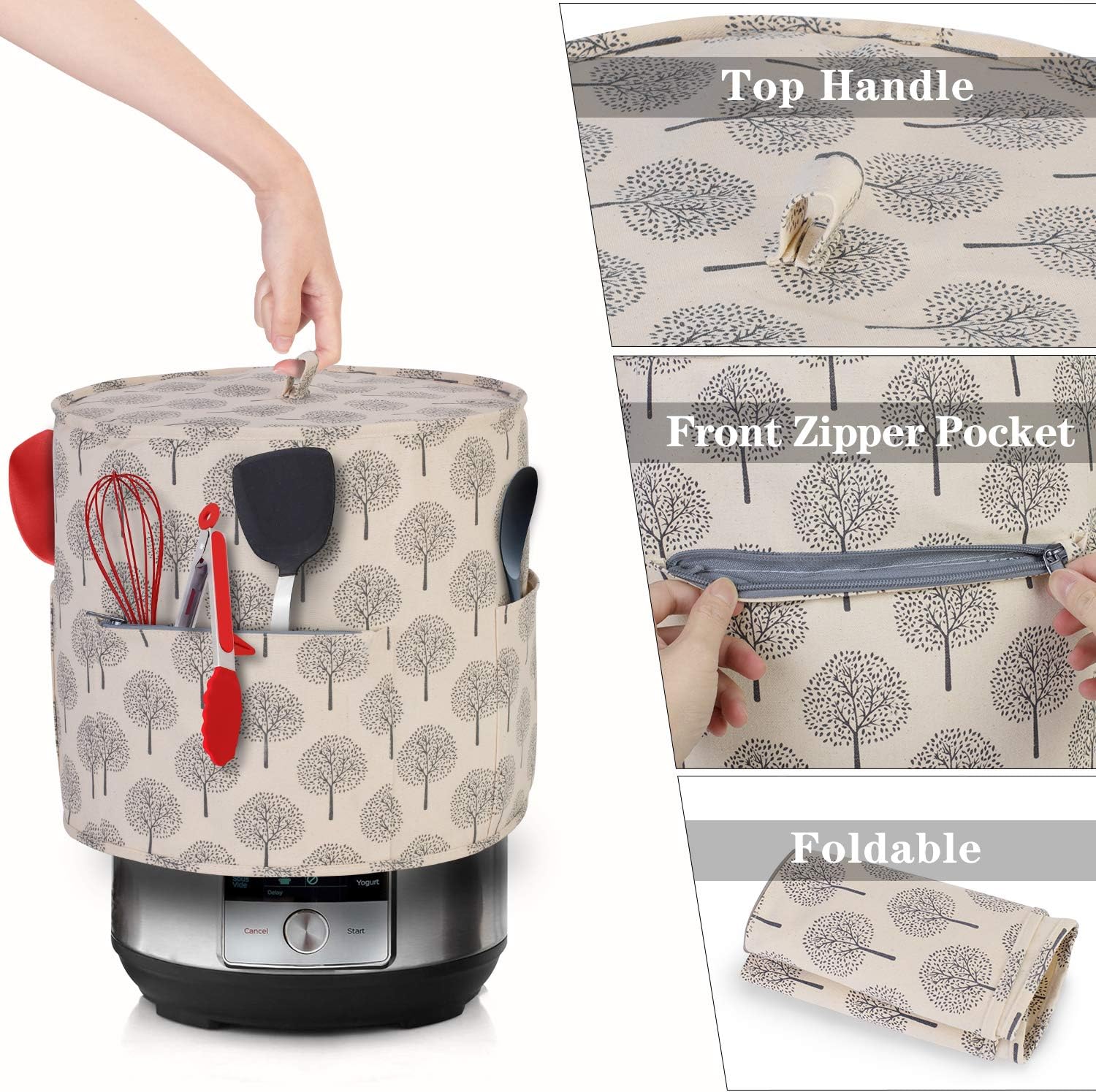 Yarwo Dust Cover Compatible with 6 qt Instant Pot, Protective Cover with Pockets and Top Handle for 6 Quart Pressure Cooker and Kitchen Tools, Tree