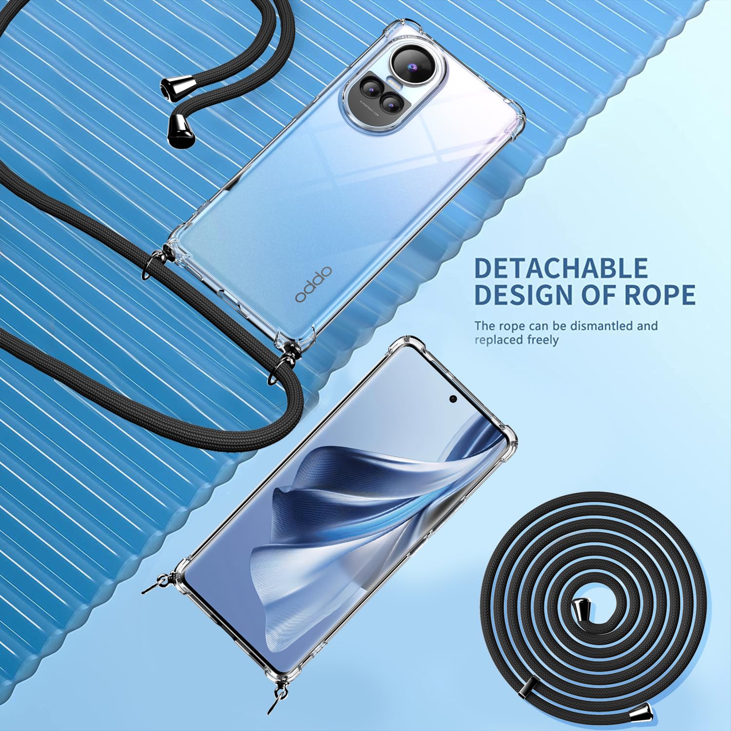 YAMCCCSE Custodia Girocollo Per Oppo Reno 10 / Reno 10 Pro - Silicone TPU Trasparente Con Cordino Regolabile - 2
