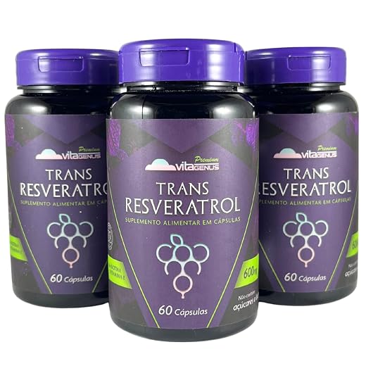 Kit 3x Trans-Resveratrol 60 cápsulas Trans Resveratrol Vegano Sem Glúten Alta Pureza VitaGenus