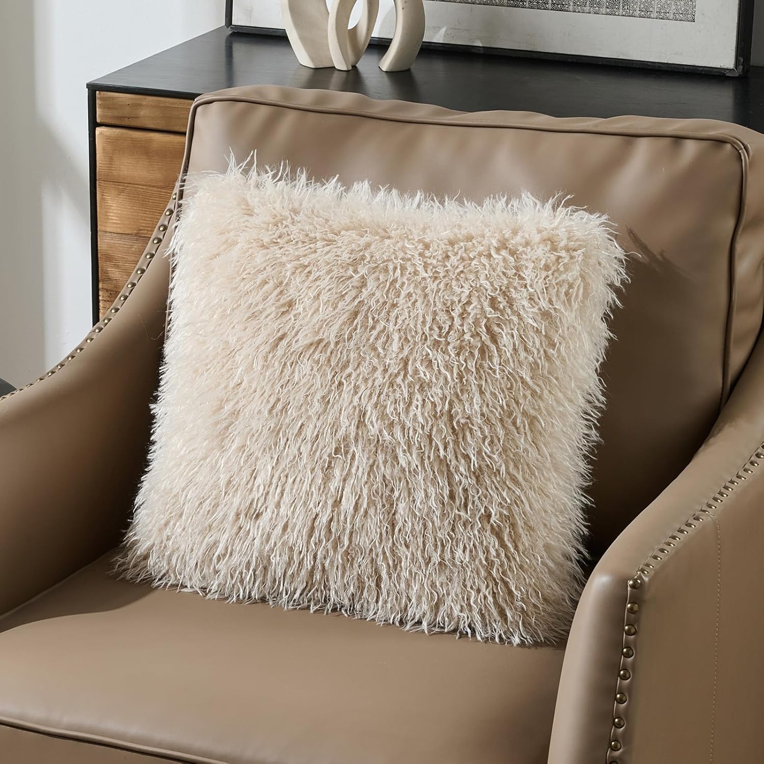 FUTEI Beige Decorative Throw Pillow Covers 18x18 Inch Set of 2,Soft Faux Fine Wool Textured Cushion Case,Luxury Home Decor for Couch Bed Living Room - Image 5