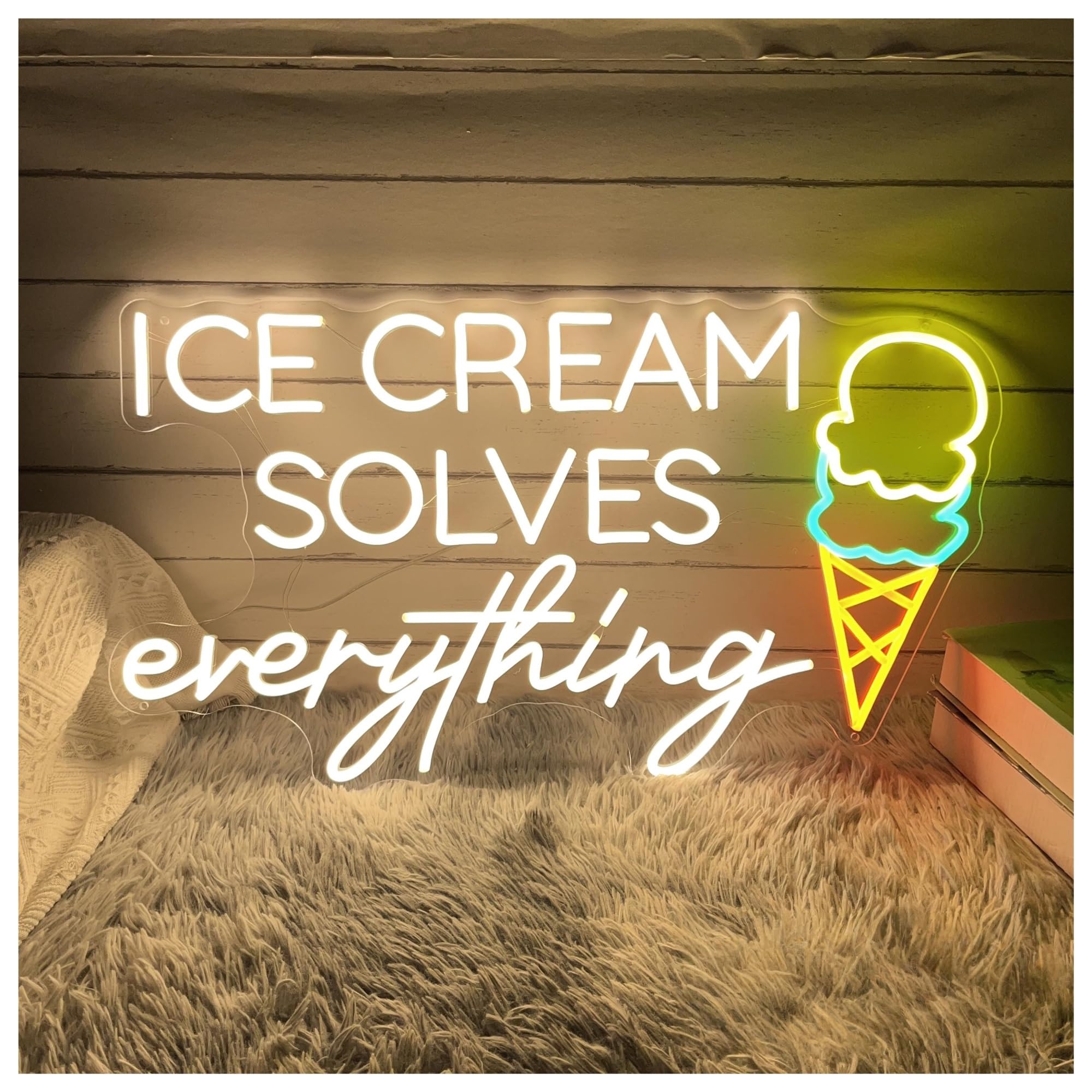 SHOUXI Sign Lamp Ice Cream Solves Everything Neon Sign, for Coffee Bar Wall Decor Light Yogurt Shop 31cmx55cm(A)