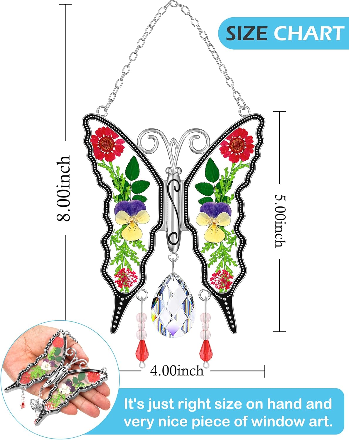 KY&BOSAM Crystal Butterfly Suncatchers Stained Glass Sun Catcher for Window Haning Wind Chime with Dried Flowers and Colorful Rainbow Prisms Charms for Mom Birthday Christmas Decor