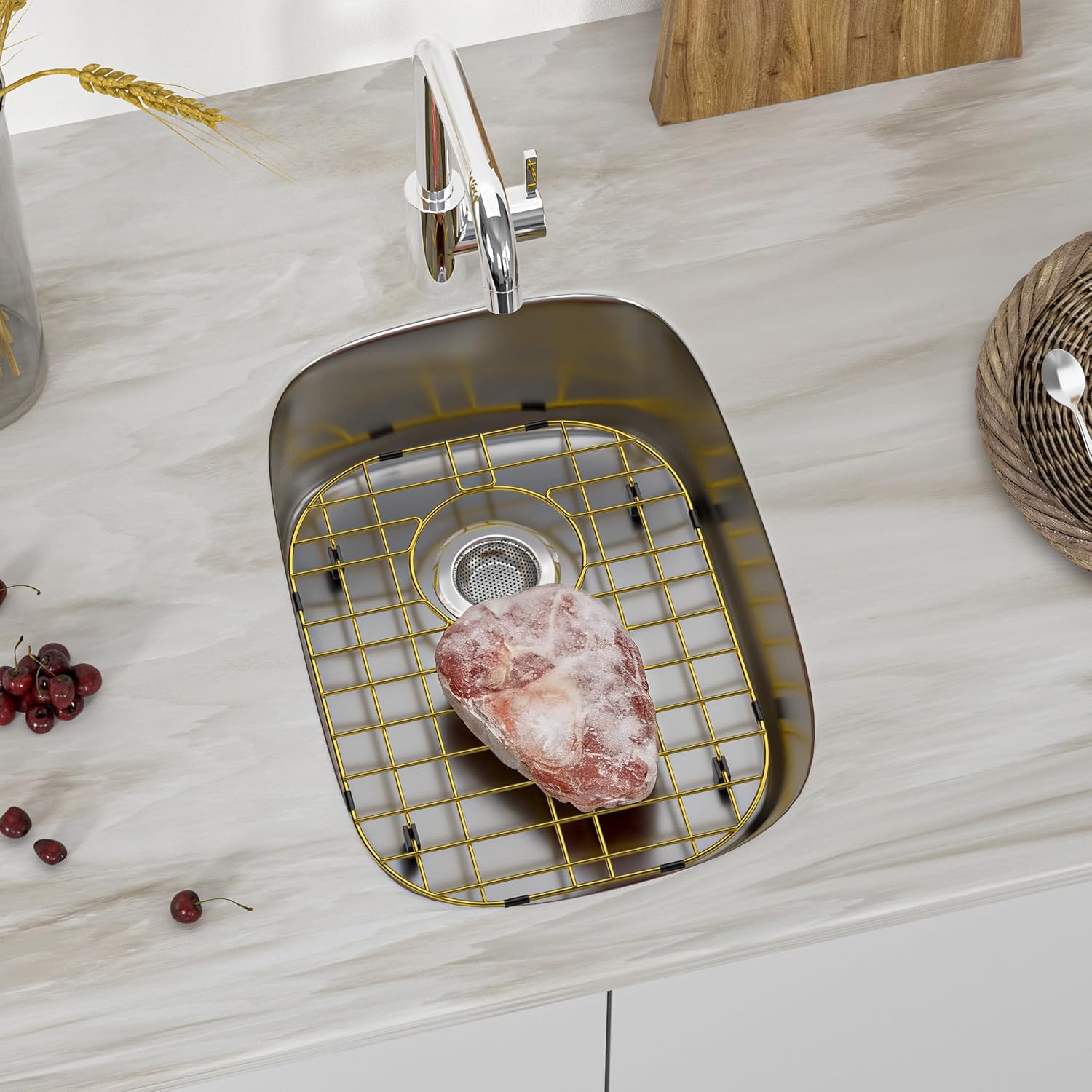 Gold Sink Protector for Kitchen Sink,16.2"x13" Golden Stainless Steel Sink Grid for Bottom of Sink,Sink Grid with Rear Drain and Strainer,Corner Radius 3-1/2"