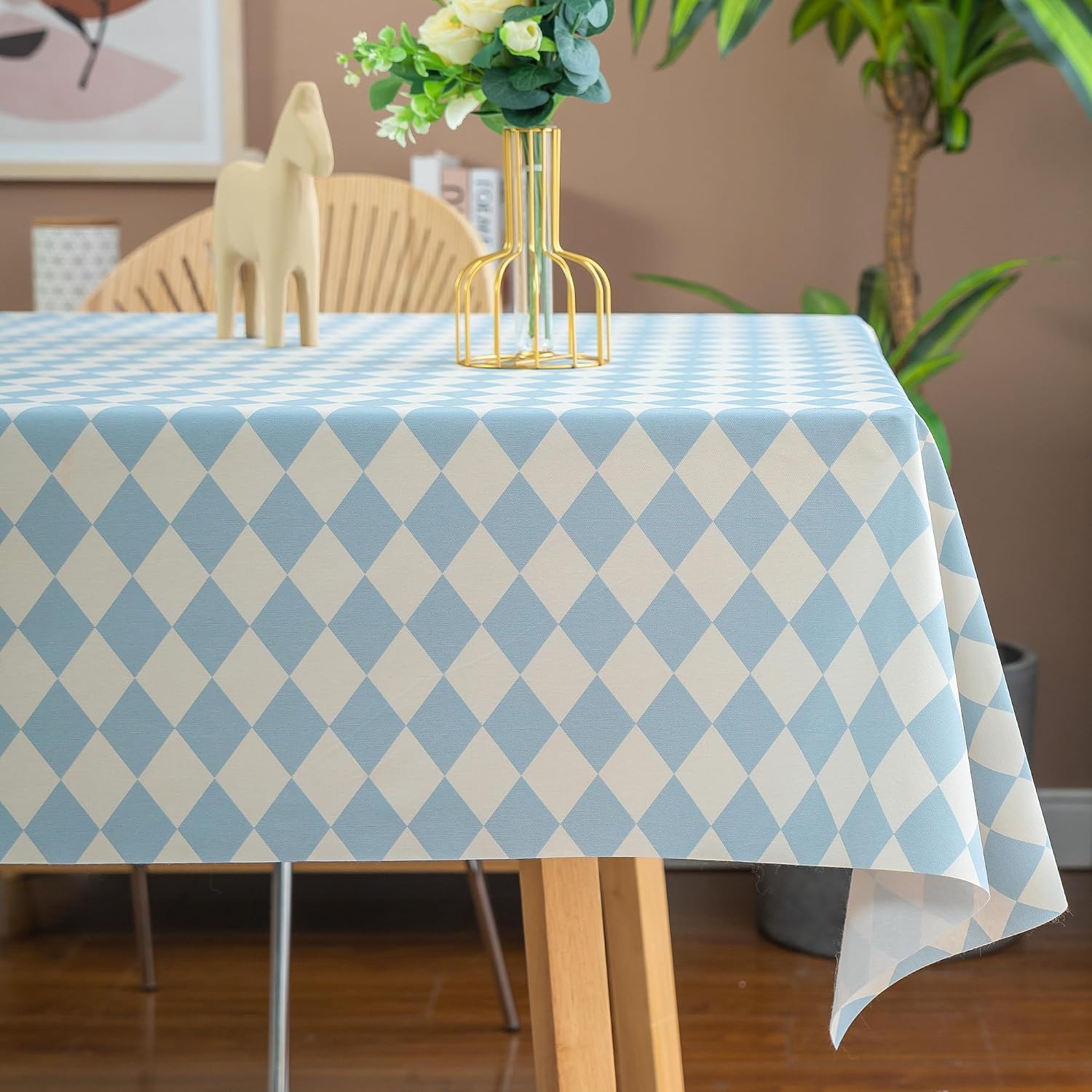Rectangle Table Cloth, Vinyl Tablecloth, 52"x70", Blue Checkered