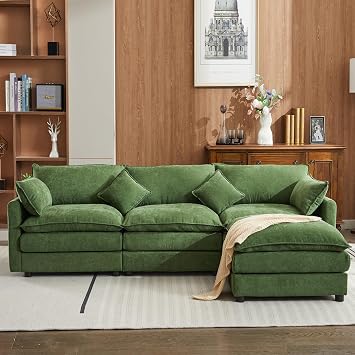 Modular Sectional Sofa, Chenille Upholstered Deep Sectional Sofa, Convertible Sectional Couch with Ottoman, Comfy Reversible Sofa Couch, Modular Sofa for Living Room Green