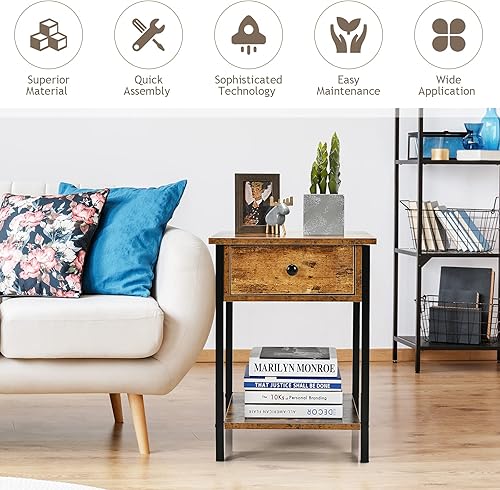 Miniatura 4 de Giantex Juego de 2 mesitas de noche, mesa auxiliar industrial de 2 niveles con cajón de almacenamiento y estante, mesitas de noche con marco de