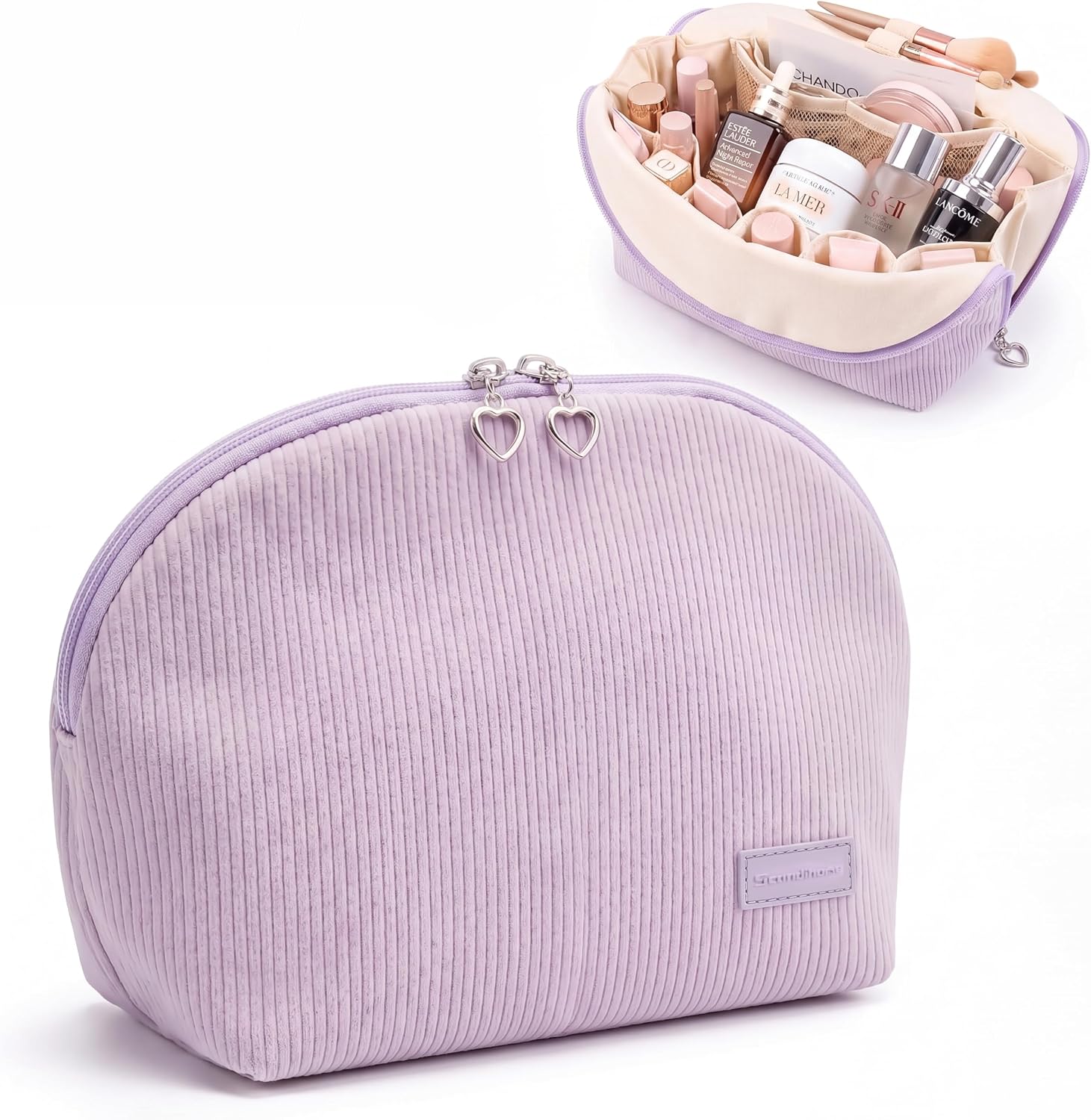 Parallel Traveler Makeup Bag, Shell Shape Magnetic Hold-Open Cosmetic Bag, Fold-Down Design, Large Capacity Waterproof Organizer with Compartments for Travel Essentials, Purple