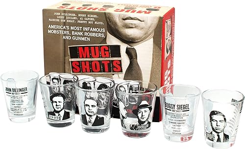 The Unemployed Philosophers Guild Shots - Juego de 6 vasos de chupito de famosos gángsters Mugshots - Viene en caja de regalo colorida