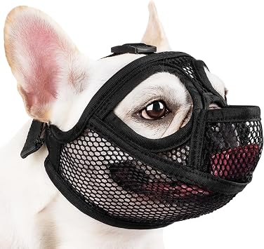Mayerzon French Bulldog Muzzle, Mesh Short Snout Dog Muzzle for Flat-Faced Dogs Pug English Bulldog, Allows Full Panting & Drinking, Prevents Chewing Eating, Ideal for Grooming Vet Visits Walking