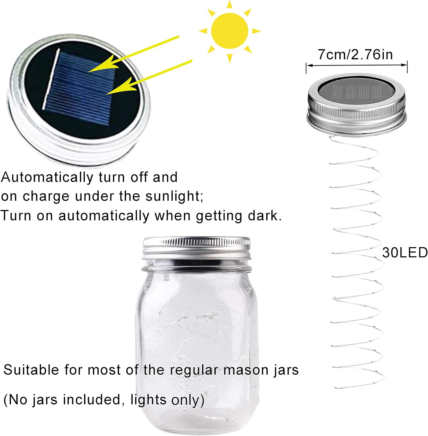Solar Mason Jar Lid Lights, 10 Pack 30 LED Waterproof Firefly Fairy Lights with Hangers(No Jars), Outdoor Starry String Lights for Patio Yard Garden Wedding Lantern Decor (Warm White)