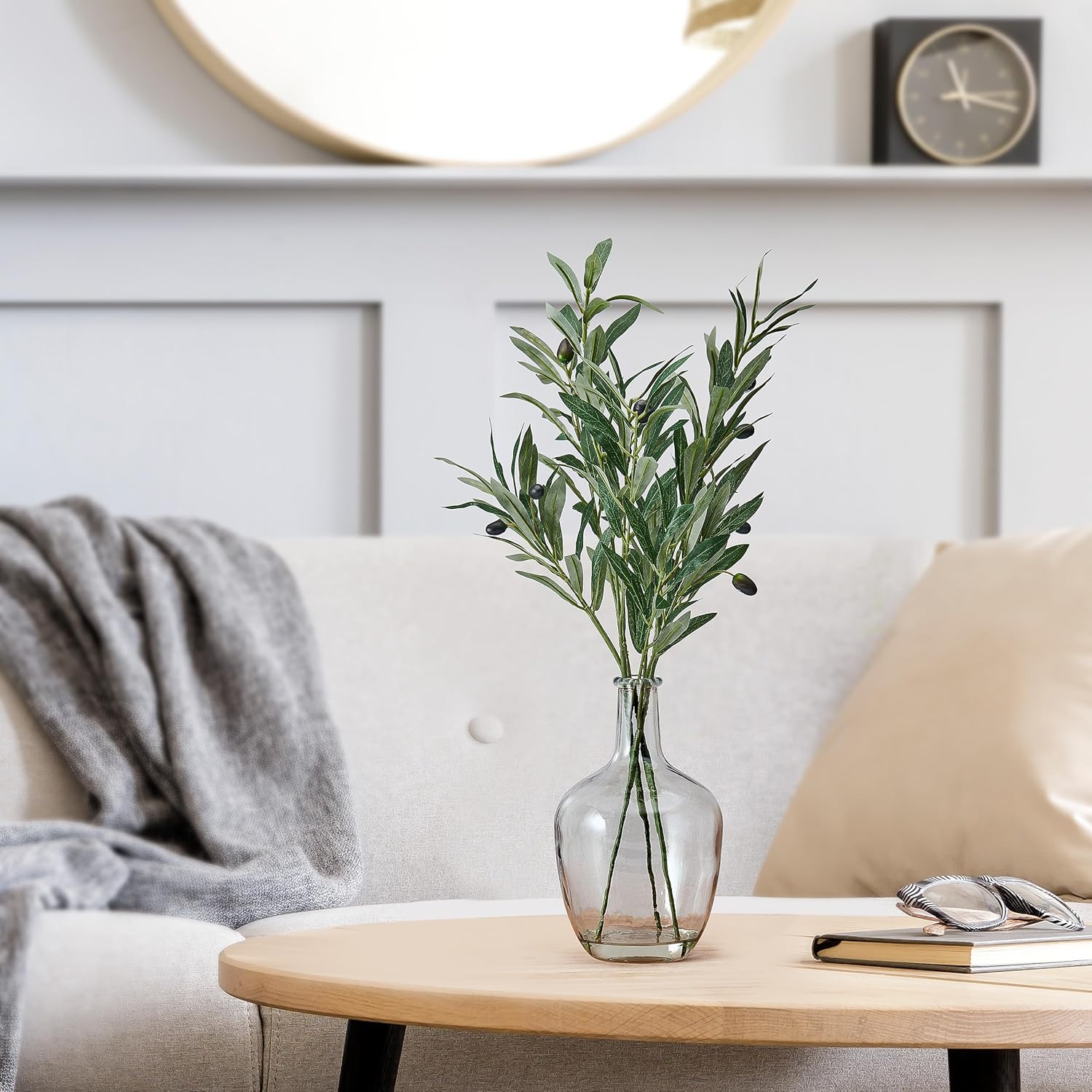 Elements Artificial Olive Branch Arrangement in Clear Glass Vase, Realistic Look and Feel