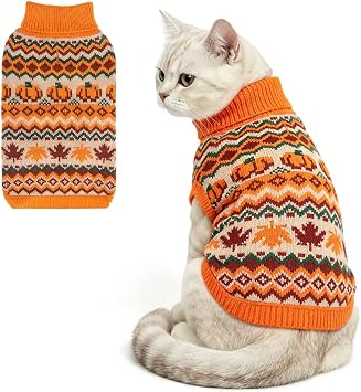 BINGPET Fall Cat Sweater Pumpkin Knit Pullover for Small Dogs Cats,Orange S