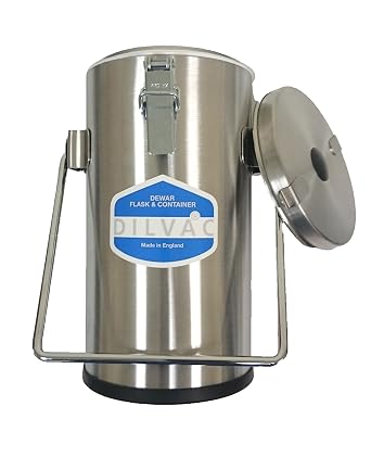 Wide Mouth DILVAC Stainless Steel Cased Dewar Flask 1 Liter for Liquid Nitrogen, Liquified Gases & Dry Ice Cryogenic Storage Double-Walled Glass with Lid Clamps & Vented Lid - 2 Pack