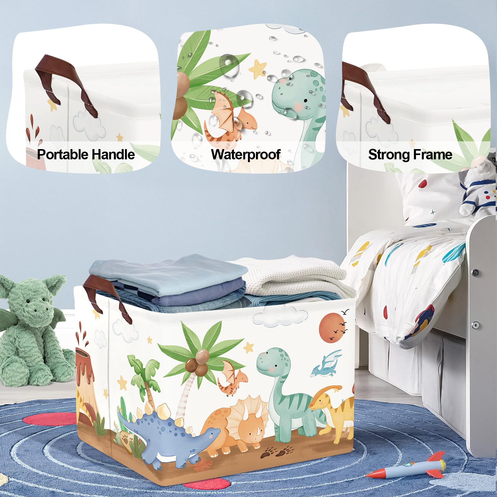 Grande Cesta Porta Biancheria Bambini Dinosauri Pieghevole Cestini Portaoggetti Giocattoli Vestiti per Bagno Cameretta, Marrone, 36L