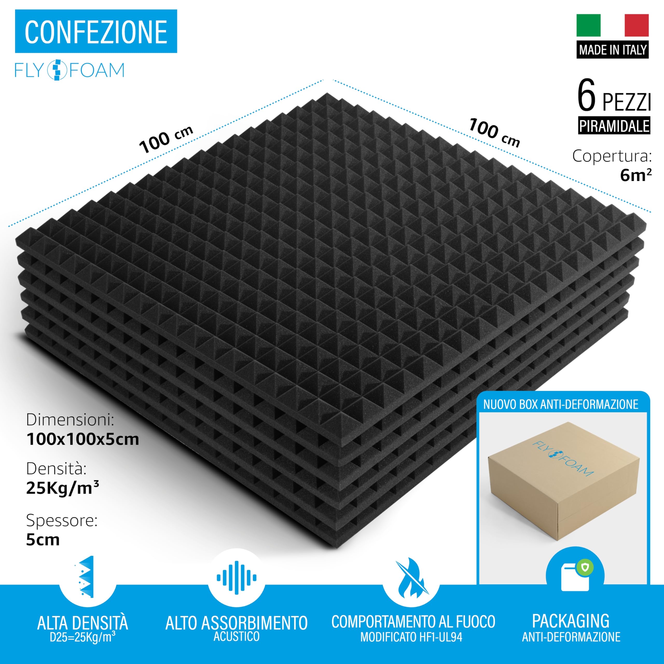 FLYFOAM | Pannello Fonoassorbente Piramidale in Poliuretano Espanso, 6 Pezzi da 100x100x5 cm, D25 con Comportamento al Fuoco HF1-UL94, per Assorbimento e Isolamento Acustico, Made in Italy