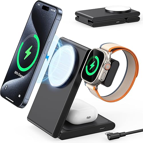 Estación de carga inalámbrica 3 en 1 para múltiples dispositivos, soporte plegable rápido y seguro para iPhone 16, 15, 14, 13, 12, cargador