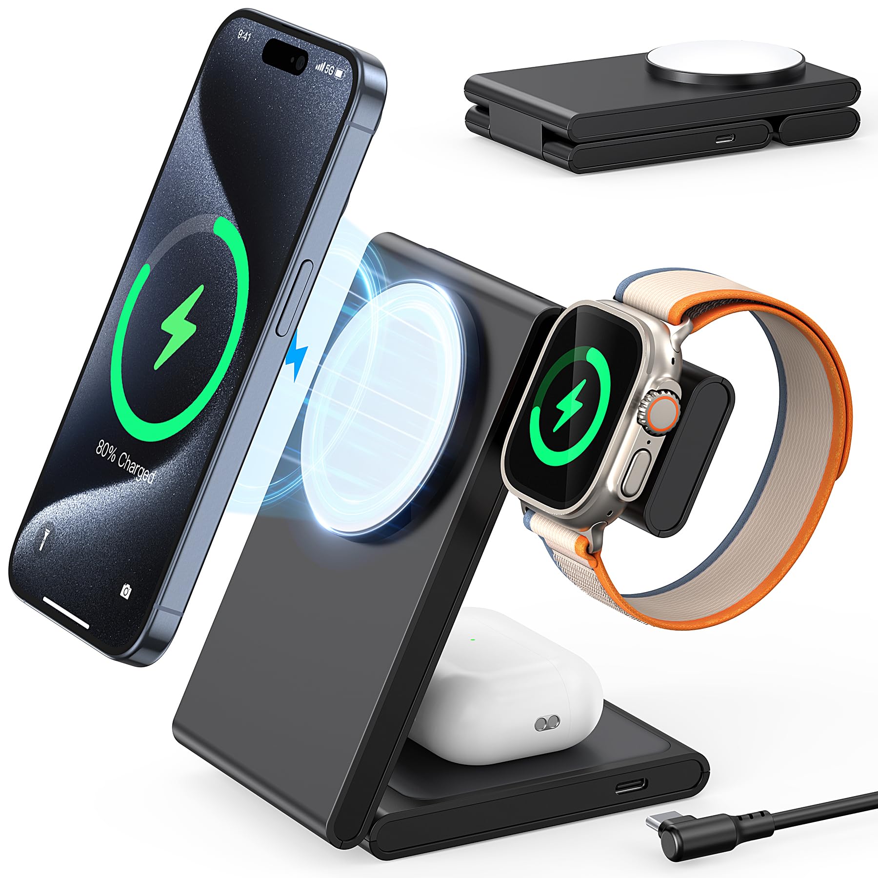 3 in 1 Wireless Charging Station for Multiple Devices, Fast Foldable Travel Mag-Safe Stand for iPhone 16 15 14 13 12 Series, Magnetic Charger for Apple Watch 10/9/8/Ultra 2, AirPods 4 with 20W Adapter