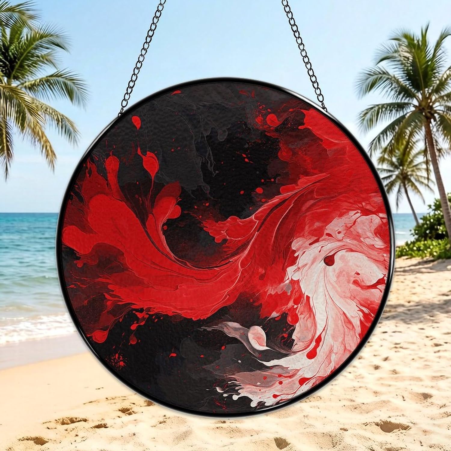 Red Black White Abstract Stained Glass Suncatcher Window Hanging image 3