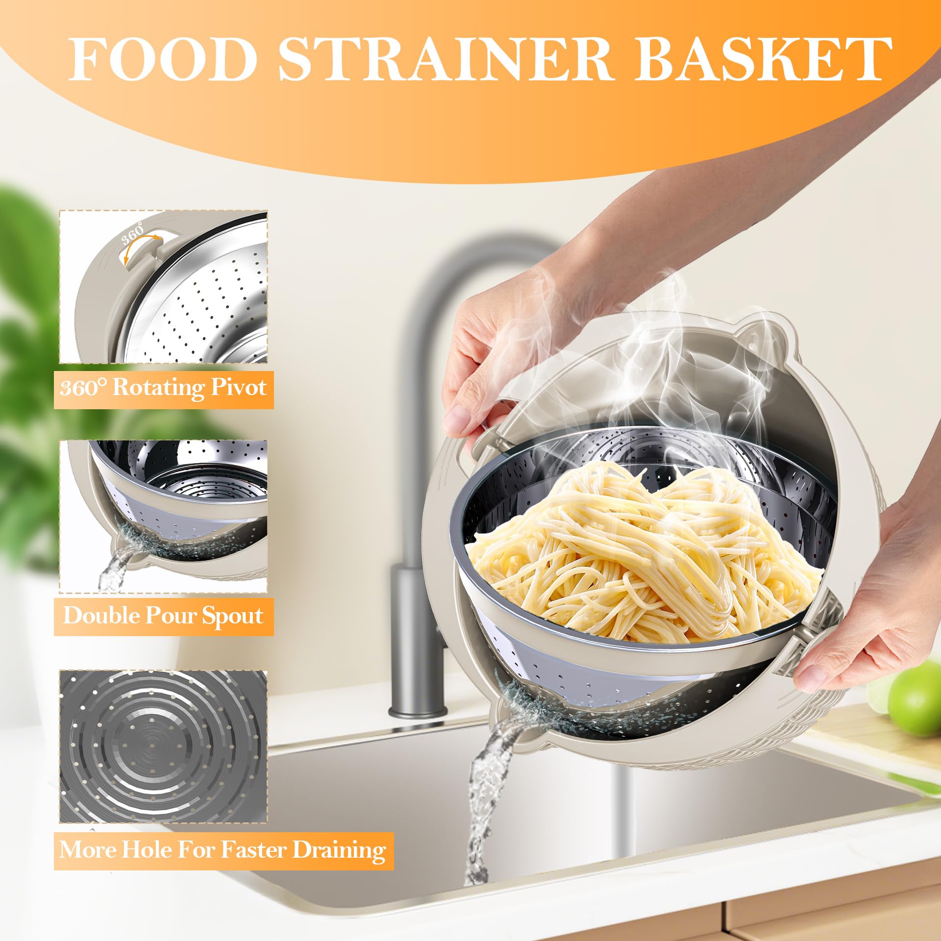 Colador 4-1 con juego de cuencos, coladores y coladores de alimentos, cuenco para lavar frutas con colador, colador giratorio para cocina, accesorio de cocina estético, color beige 4