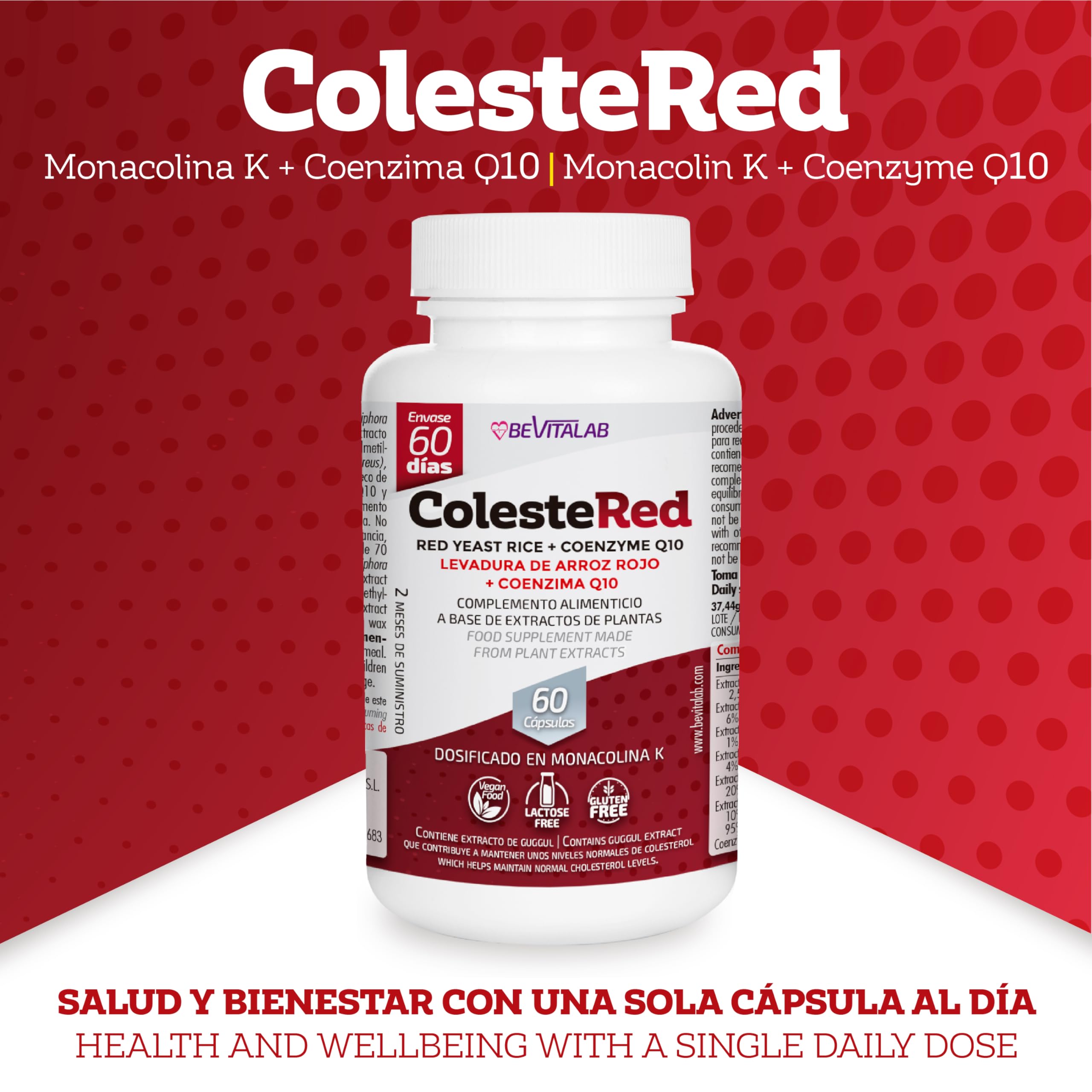 Colestered para Regular Nivel de Colesterol y Salud Cardiovascular, Levadura de Arroz Rojo con Monacolina K, CoQ10, Vitamina B6, Suplemento Alimenticio, 60 Cápsulas, Fabricado en España