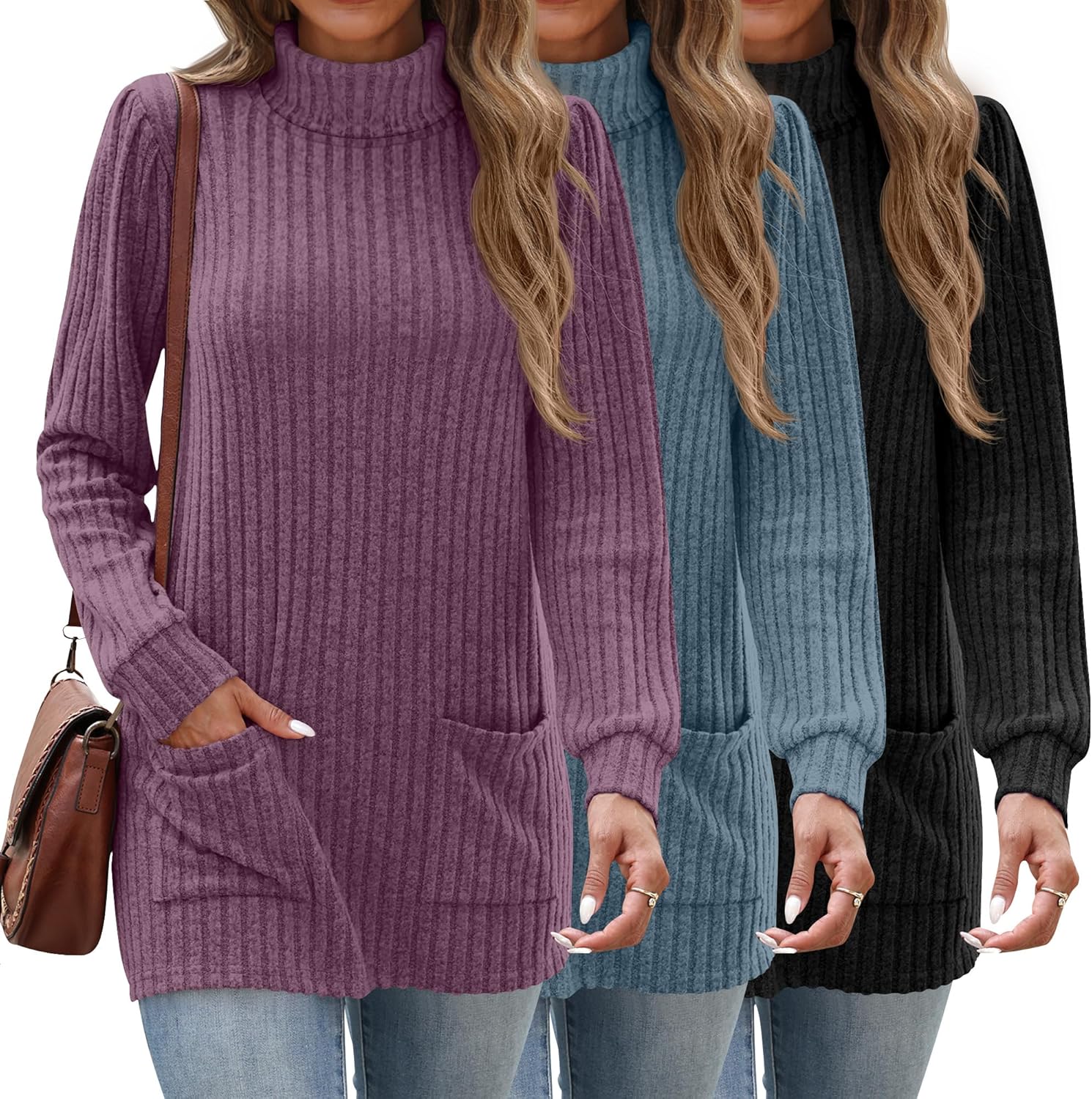 3 Pack Women's Turtleneck Long Sleeve Sweaters, Puff Ribbed Knit Sweaters Pullover ...
