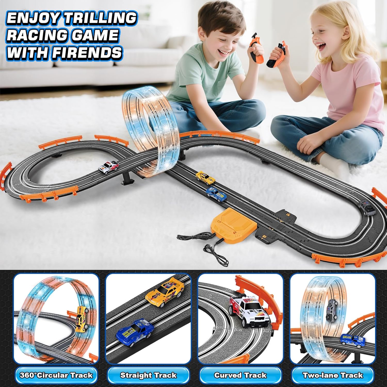 Slot Car Race Track Sets with 4 Slot Cars, Ideal Birthday Xmas Gifts Toys for Kids Boys Ages 6 7 8-12, Battery or Electric Race Car Track Set with Dual Racing Game, Flash Circular Track, Lap Counter