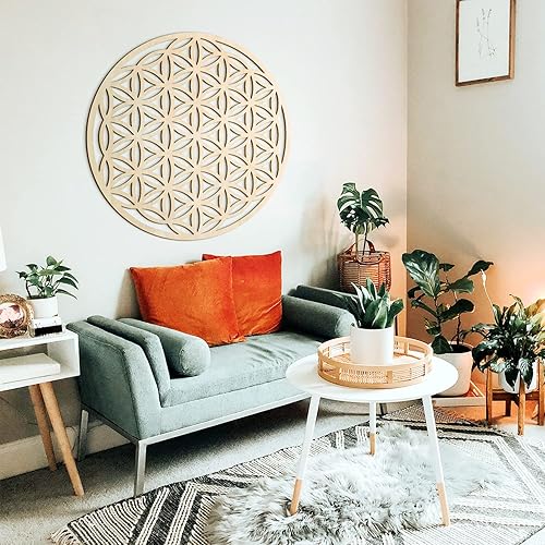 Miniatura 8 de Fourth Level MFG - Arte de pared de madera de geometría sagrada de 33 pulgadas, escultura de semilla de vida, decoración zen para el hogar para yoga